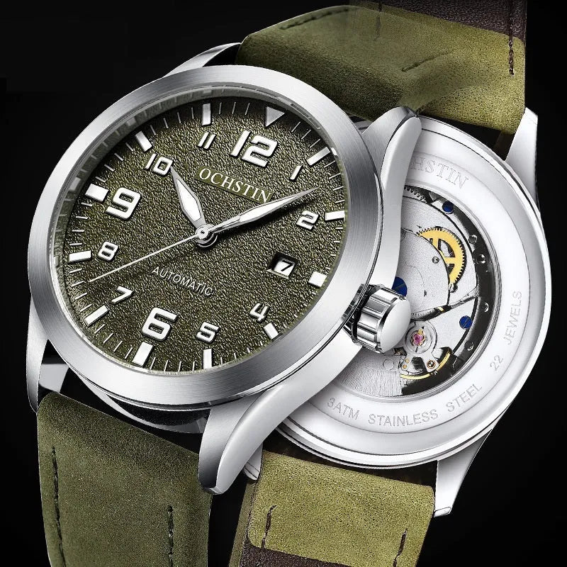 Men's retro automatic mechanical watch with leather strap and 12mm case