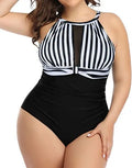 Women's black one-piece swimsuit with lace detail, shown alongside striped and red floral pattern options.