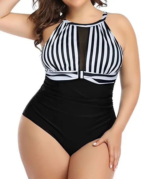 Women's black one-piece swimsuit with lace detail, shown alongside striped and red floral pattern options.