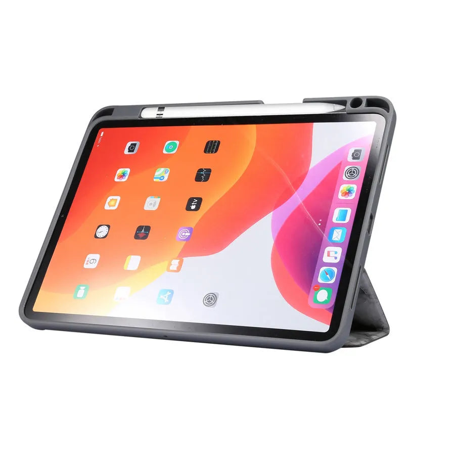 Dark grey tri-fold marbling imitation leather iPad case with a visible slot for an Apple Pencil.
