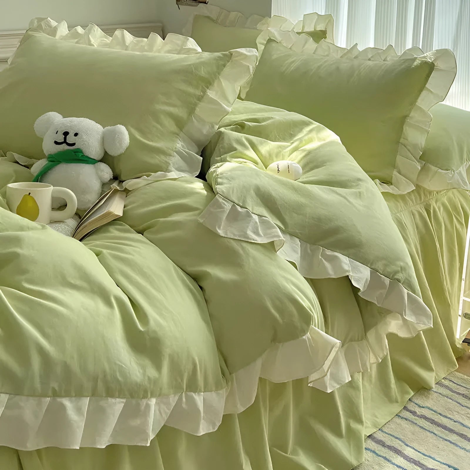 Mori style washed cotton four-piece bedding set in a solid colour lace shade, showing quilt cover and pillowcases.