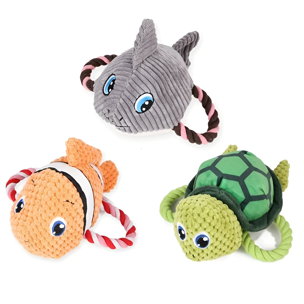 Turtle-shaped grey dog chewing toy with knotted rope core measuring 25cm