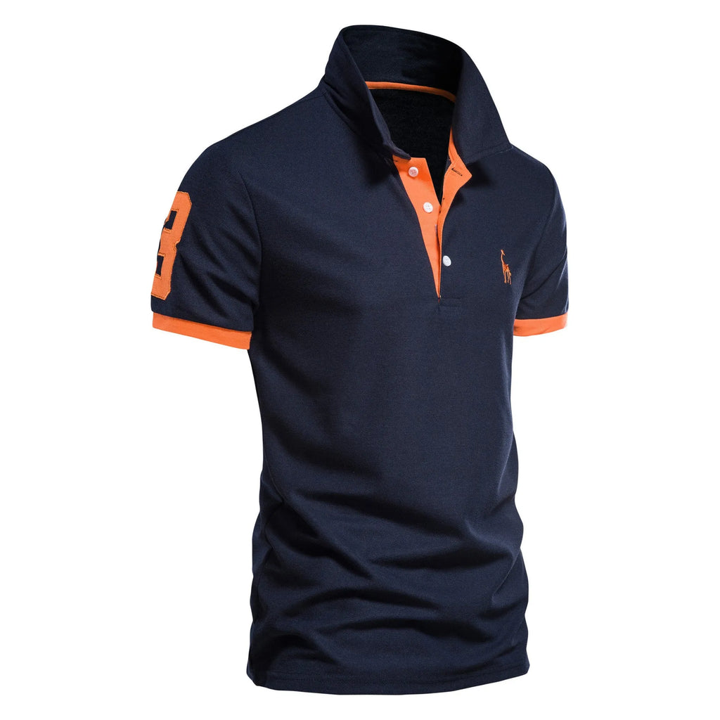 Close-up of a men's slim-fit t-shirt with a detailed embroidered deer design on the chest.