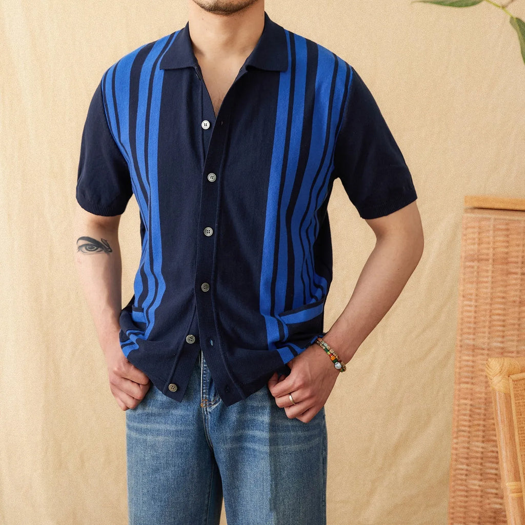 Men's thin striped short-sleeve cardigan polo shirt with a lapel collar, shown in light blue.