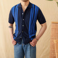 Men's thin striped short-sleeve cardigan polo shirt with a lapel collar, shown in light blue.
