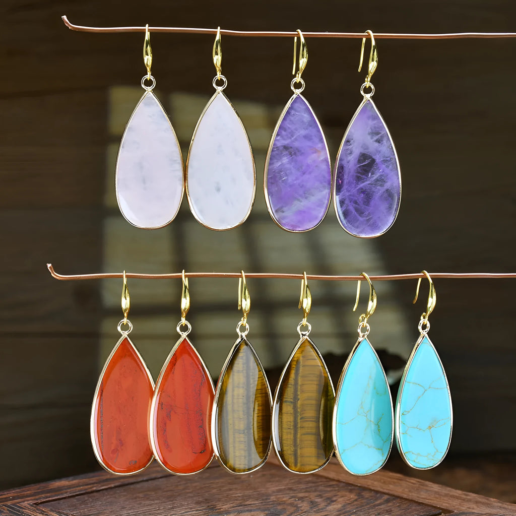 Vintage stone drop earrings with water droplet texture in Tigereye, amethyst, pink crystal, Redstone or turquoise