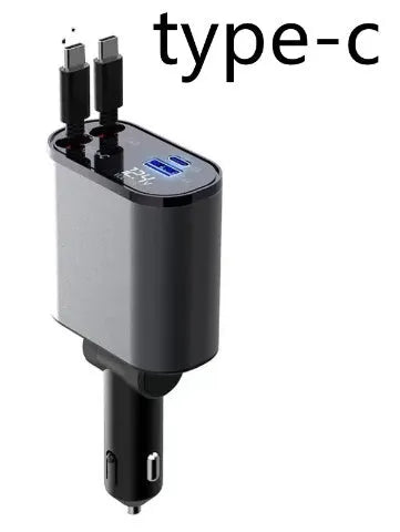 100W metal car charger with retractable cable and adjustable head for fast mobile charging in a car