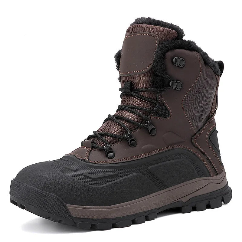 Men's black high-top fleece-lined boots with lace-up front and ribbed TPR sole.