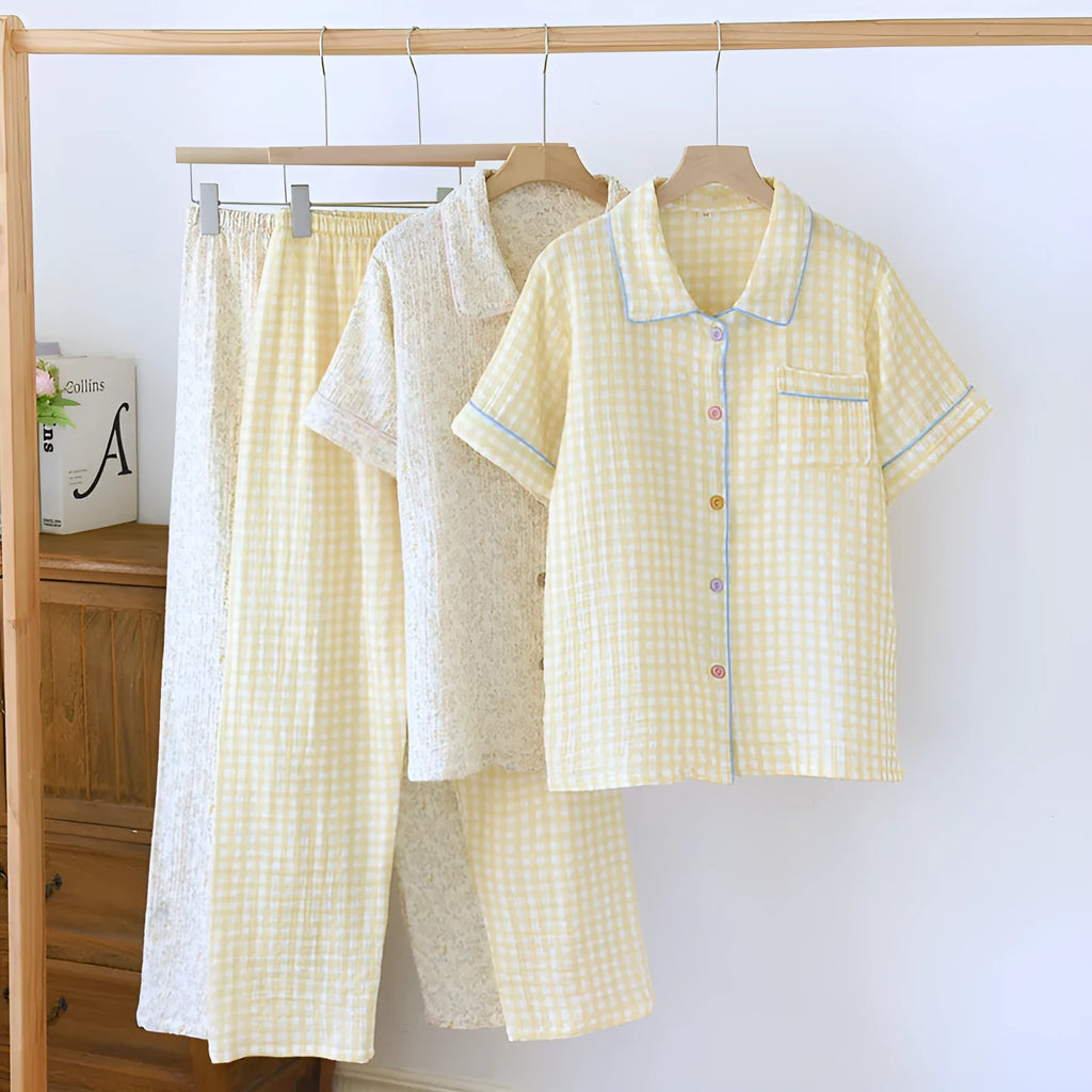 Washed cotton double-layer gauze short-sleeved trouser suit in Flower Sea pattern with matching top