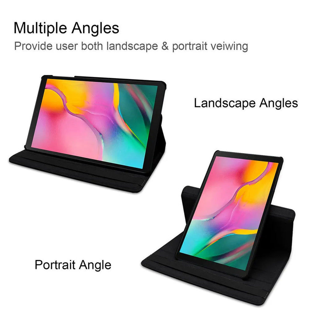 Imitation leather rotating clamshell protective sleeve for iPad and iPad Pro tablets.