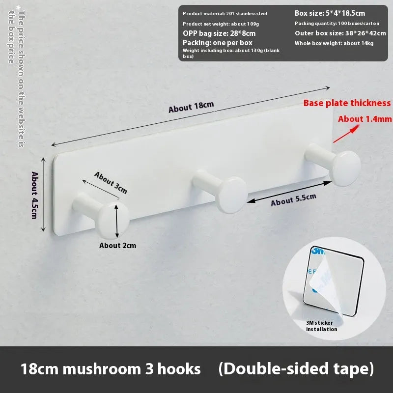 Mushroom design screwless clothes hook for shower doors in black or white, with 2, 3 or 4 hooks.