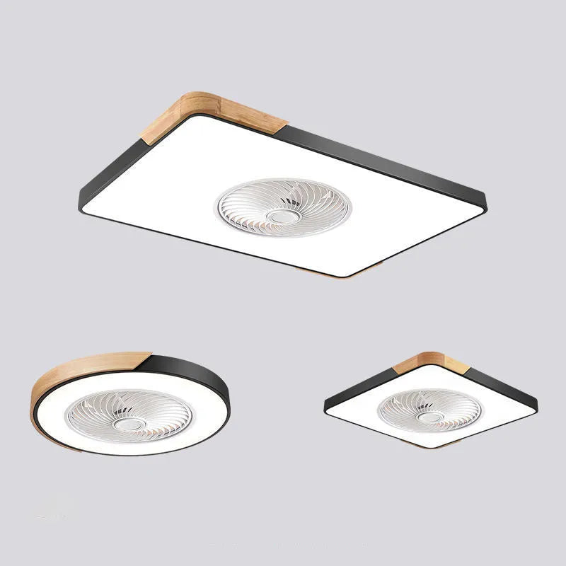 Nordic ceiling fan light with solid wood frame shown in rectangular, round, and square shape options.