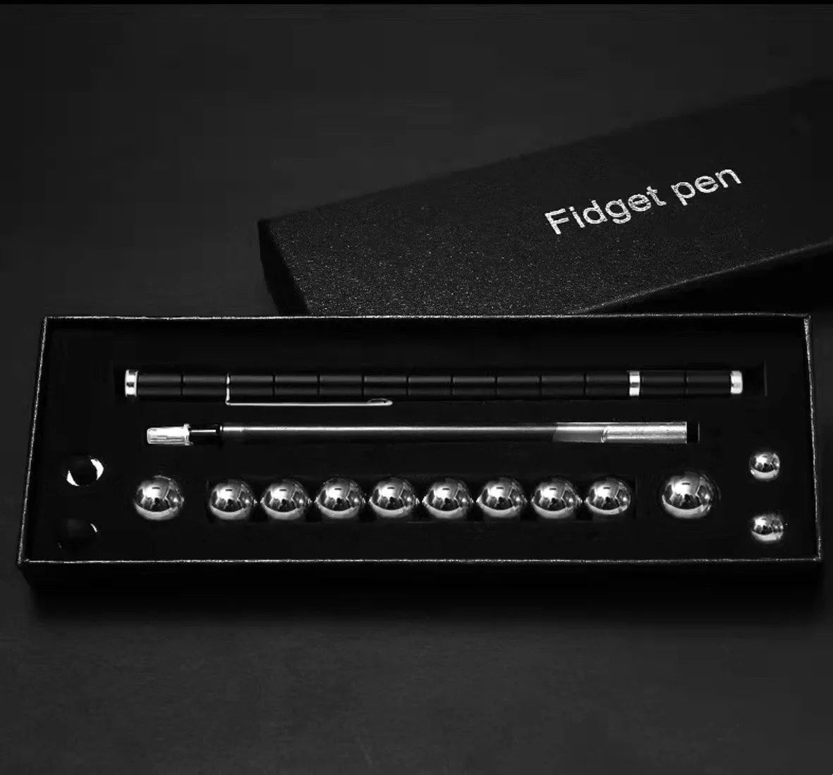 Magnetic modular pen with 13 rings, 12 steel balls, 3 refills, and capacitive head in silver iron box