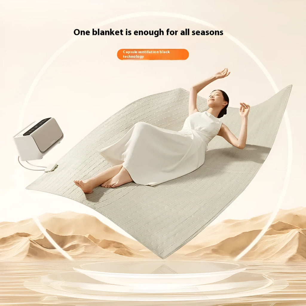 White electric water blanket with smart control host showing two size options for bed or seating heating