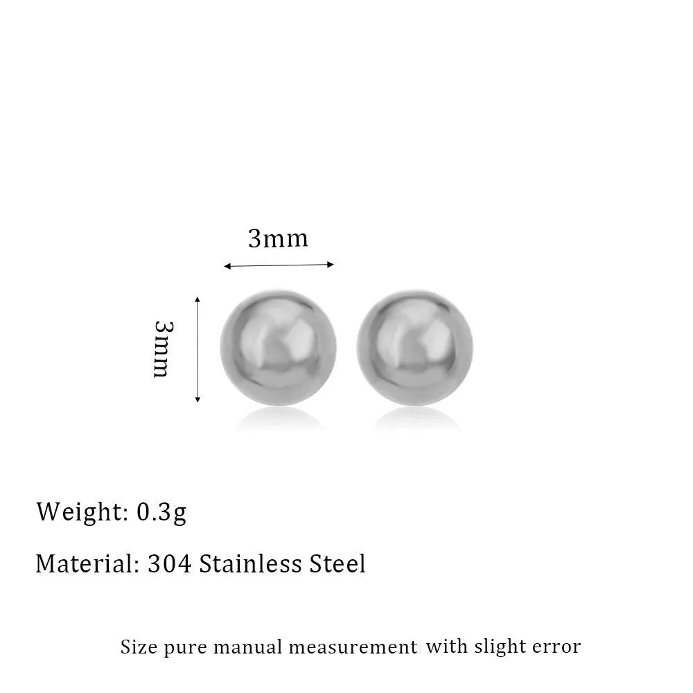 Stainless steel round ball stud earrings on a white background, showing gold and silver plated options.