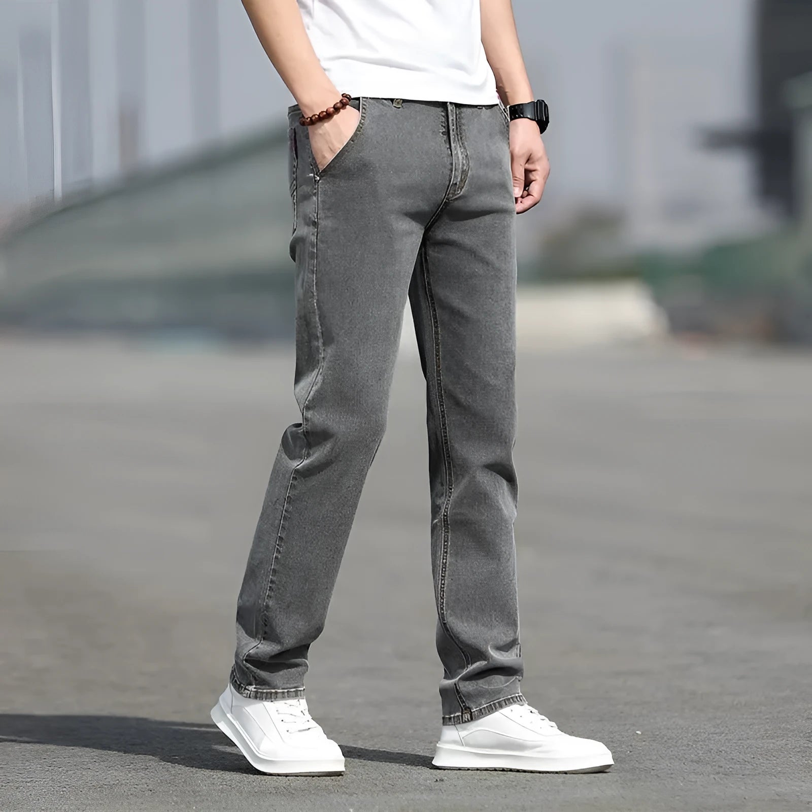 Men's straight leg jeans in smoky grey colour with a low waist and zipper fly