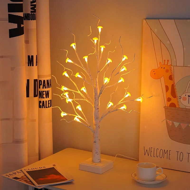 60cm tall LED mushroom tree lamp with 24 detachable plastic flowers and birch-like branches