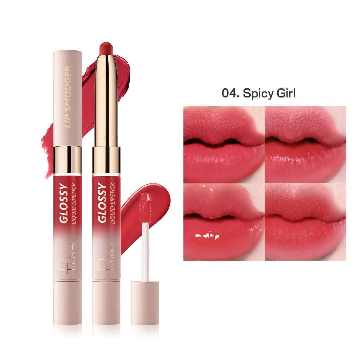 Double-headed lipstick showing matte bullet on one end and gloss applicator on the other in one of 10 available colours