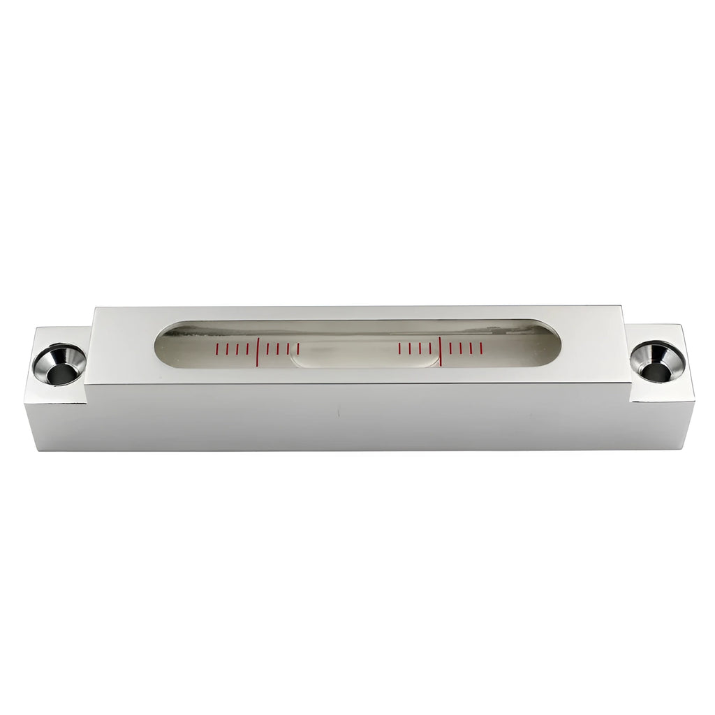 Mini metal and glass strip spirit level showing 132mm length with clear vial containing 500 blisters