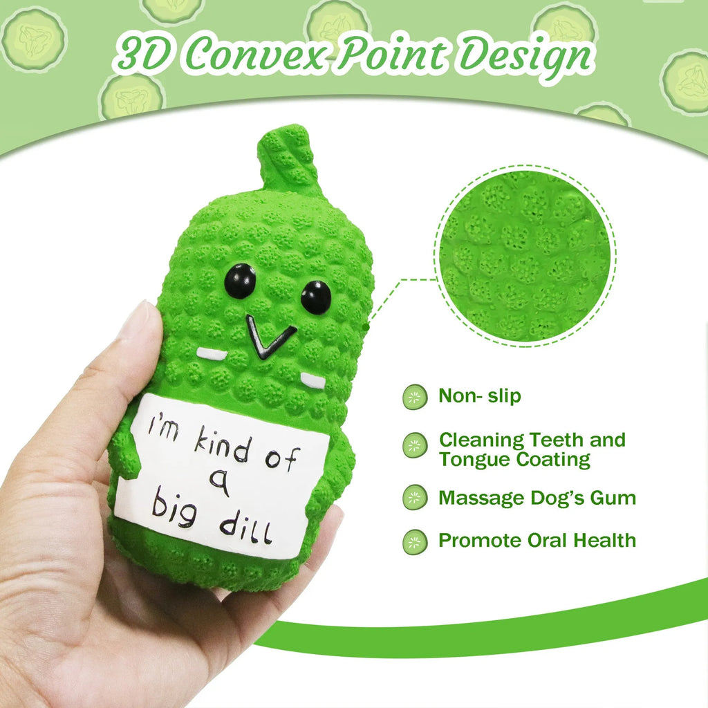 Green latex pickle-shaped dog squeaky toy with textured nubs for chewing.