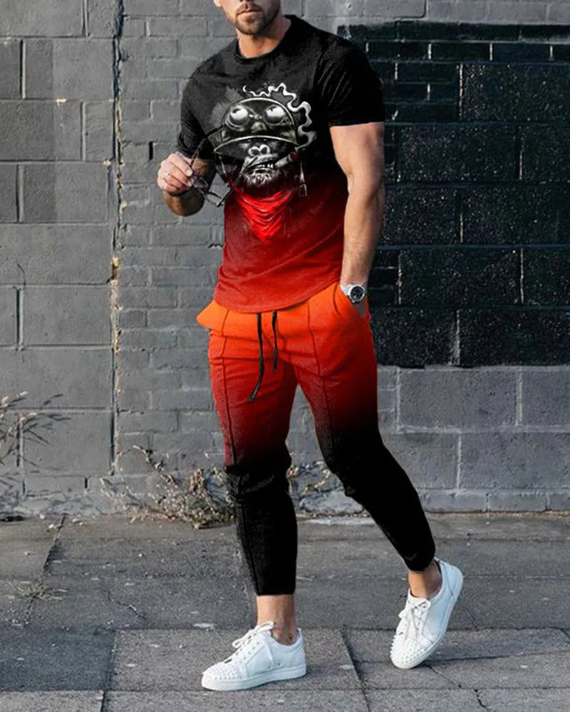 Man wearing a short-sleeved printed round neck pullover and matching trousers from a lightweight athletic suit set.