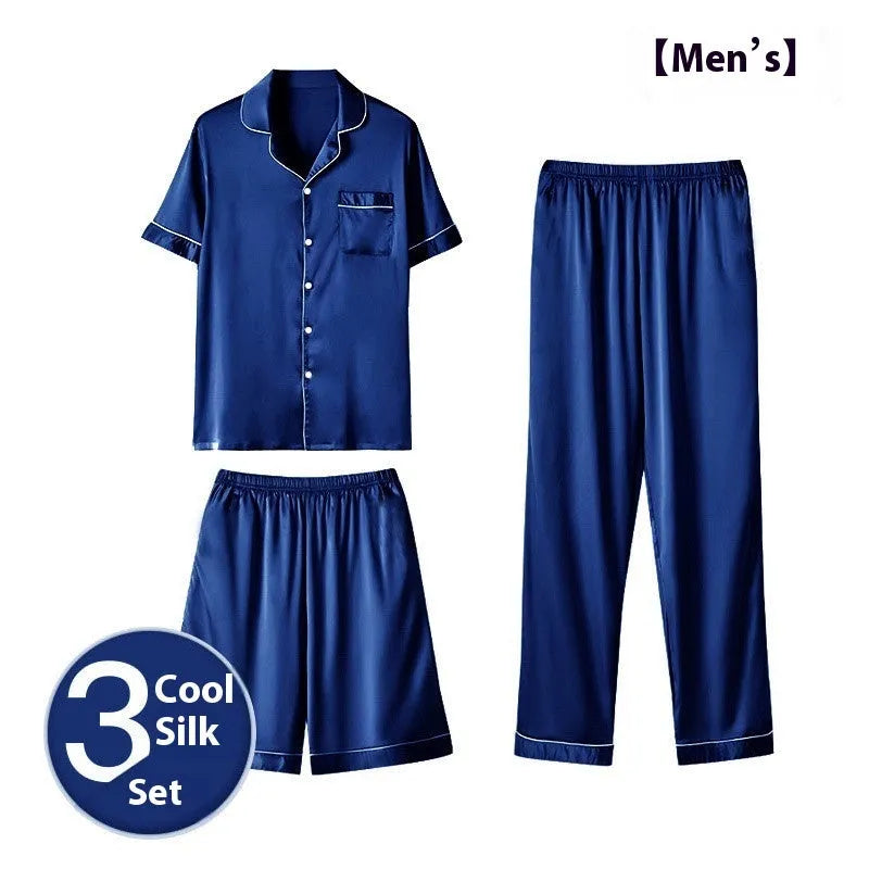 Men's ice silk three-piece pyjama set in black, showing shorts and trousers for lightweight home wear.