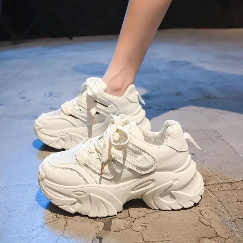 Women's height increasing thick bottom platform shoes in beige with synthetic leather upper, round toe, and front lace-up closure