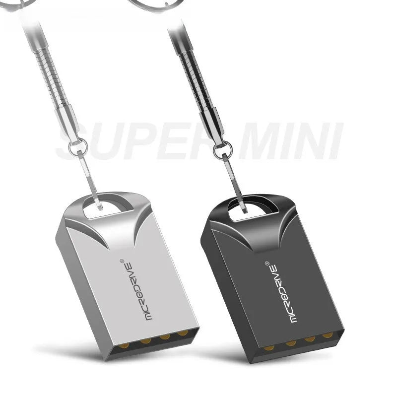 Mini high-speed metal USB flash drive in black or silver, showing compact 23x12x8mm size