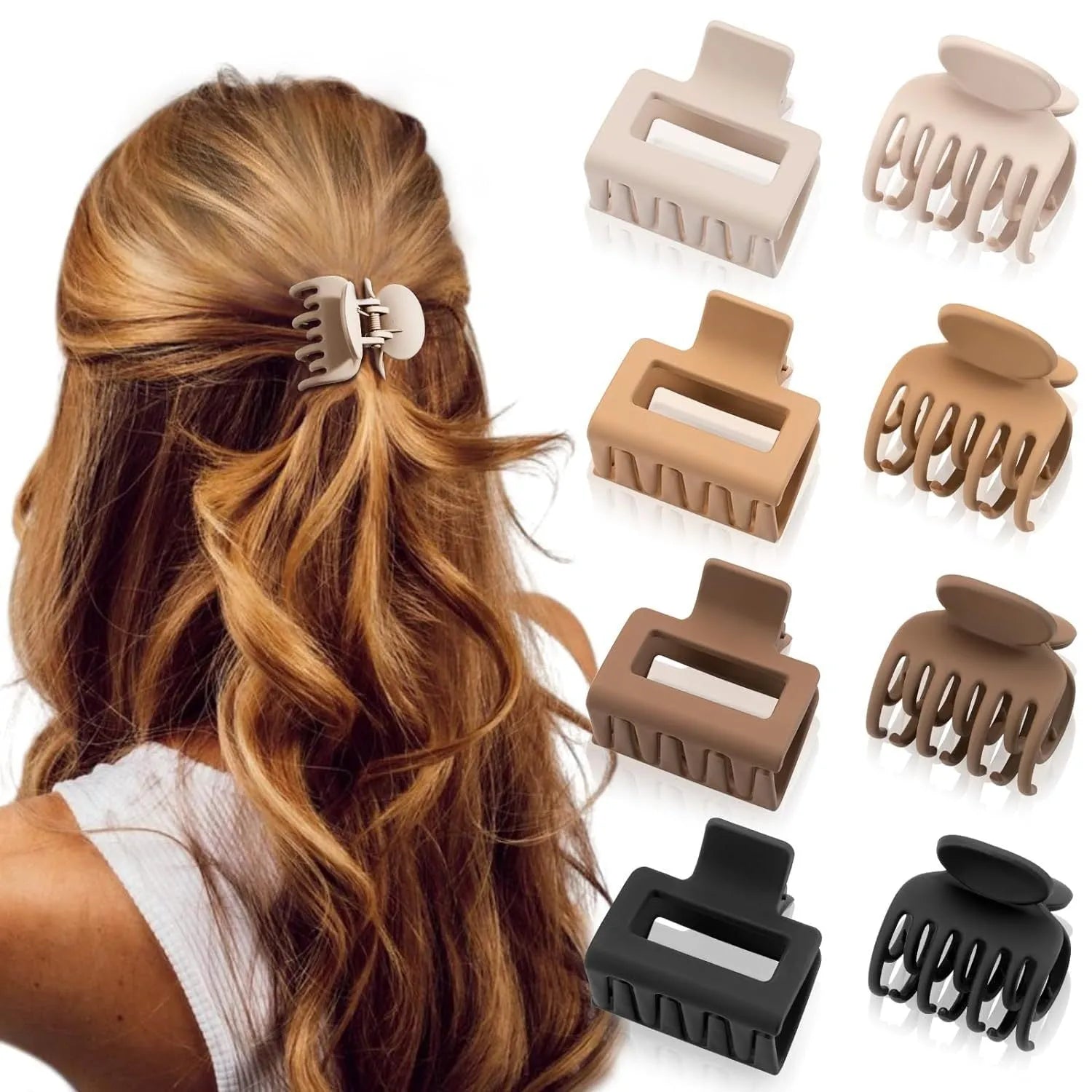 Six rose red plastic hair clips with quadrilateral styling and frosted grip surface