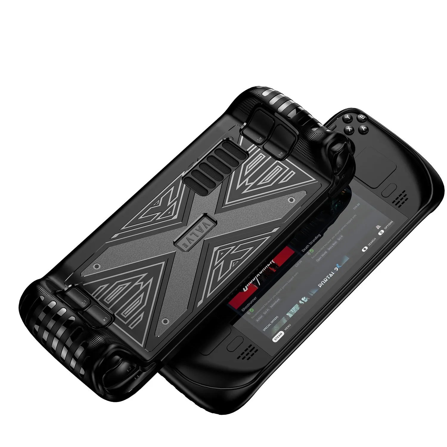 Steam Deck protective silicone case in red, blue, and black colours showing flexible TPU material