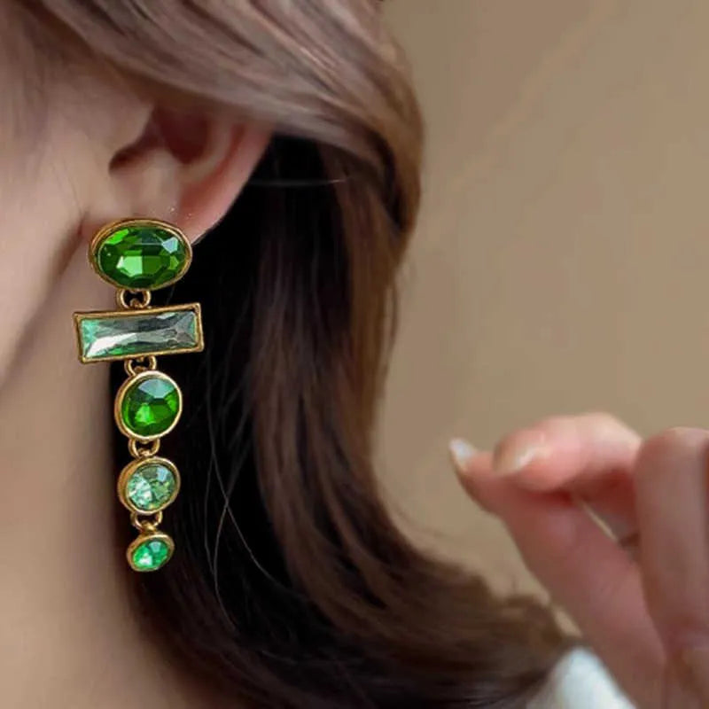 Green gradient geometric Chinese style tassel earrings with inlaid zircon detailing on alloy studs