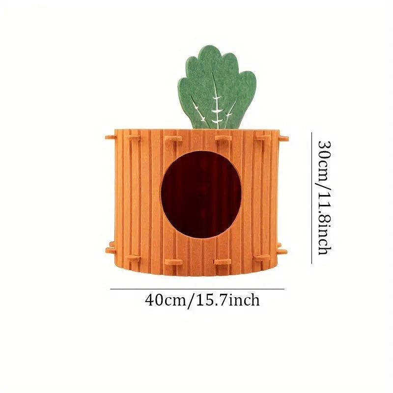 Carrot-shaped cat tunnel in thick felt fabric with semi-enclosed design for indoor cat privacy