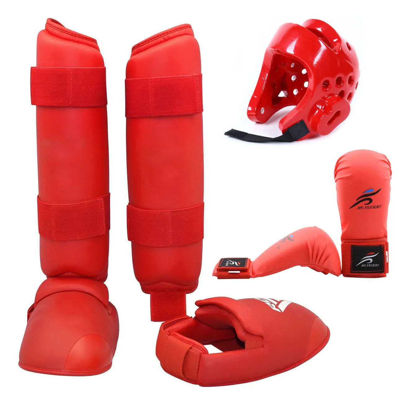 Karate protective gear set with red boxing gloves, leg guards and helmet for martial arts training