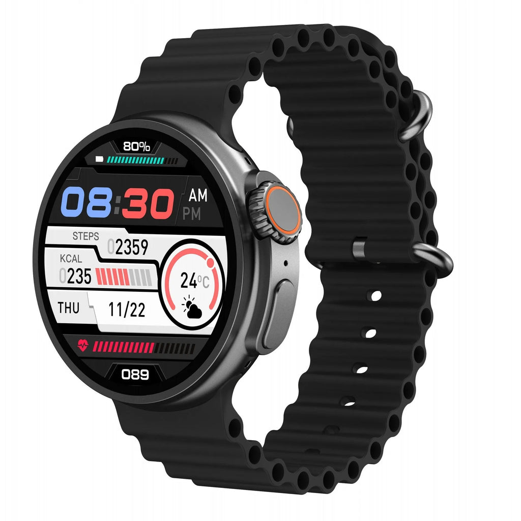 K9 smart watch with round screen and silicone strap showing health stats on display