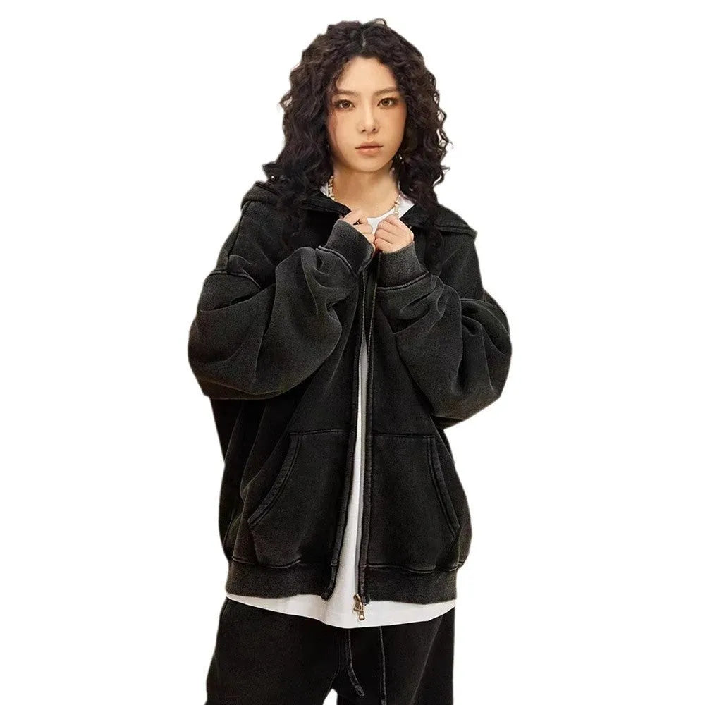 Men's washed cotton hooded cardigan with fleece lining and double zipper in vintage style