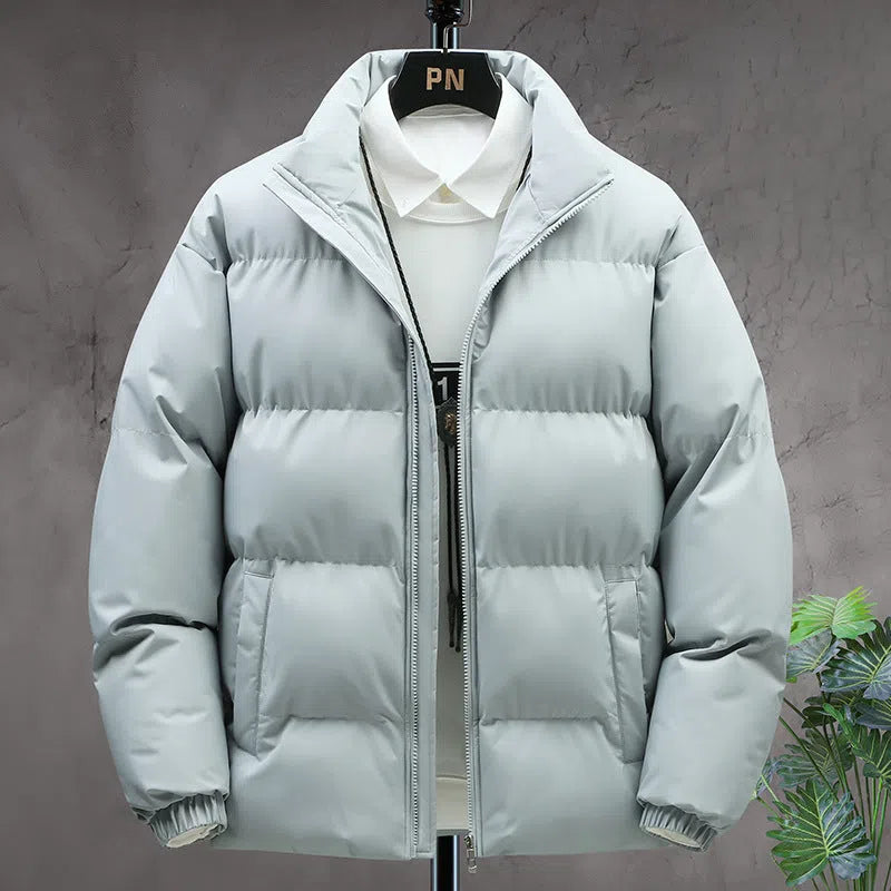 Winter stand-collar men's coat in Khaki with velvet lining, long sleeves, and solid colour design