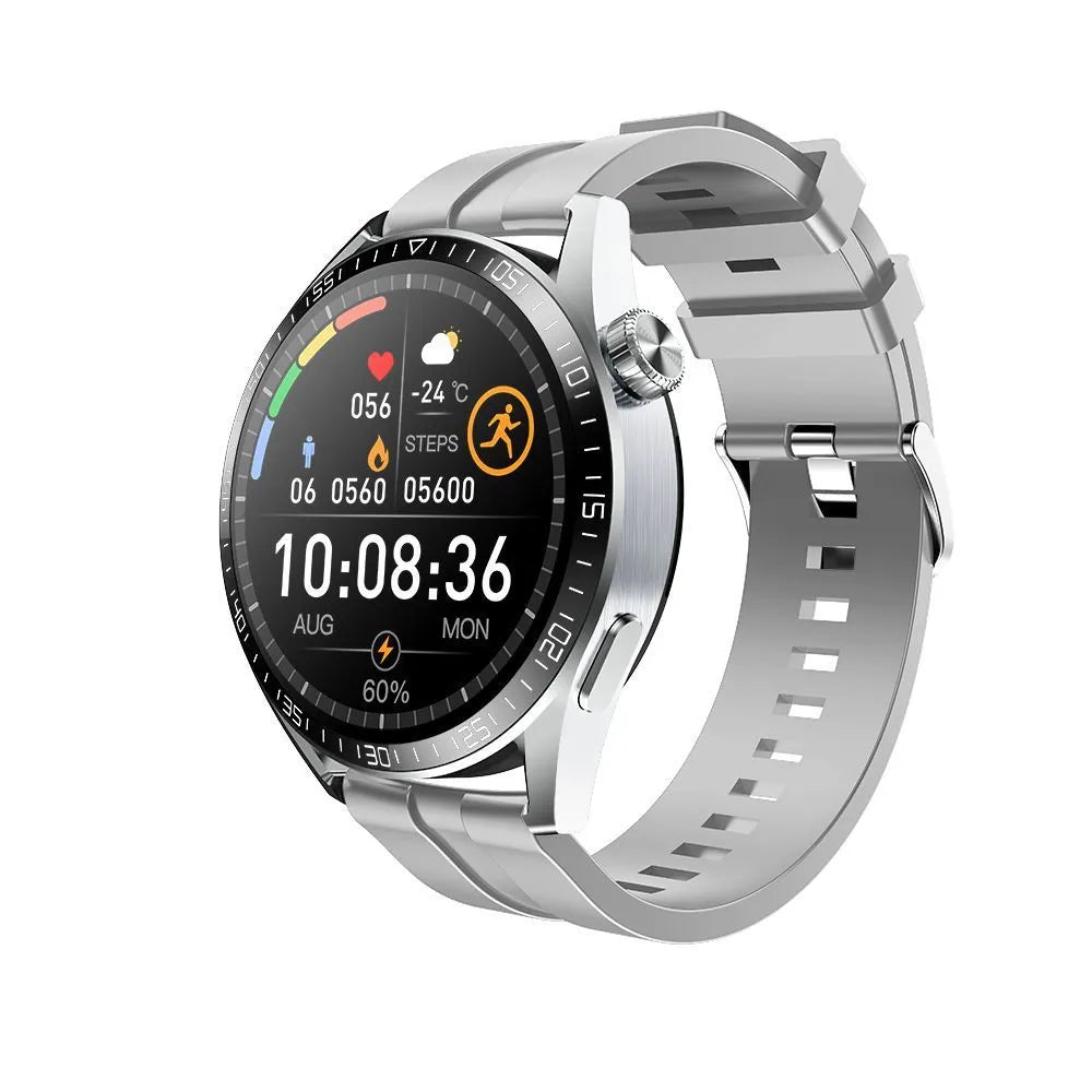 GS3 Max black smartwatch with IPS screen on a silicone strap, showing health stats interface.