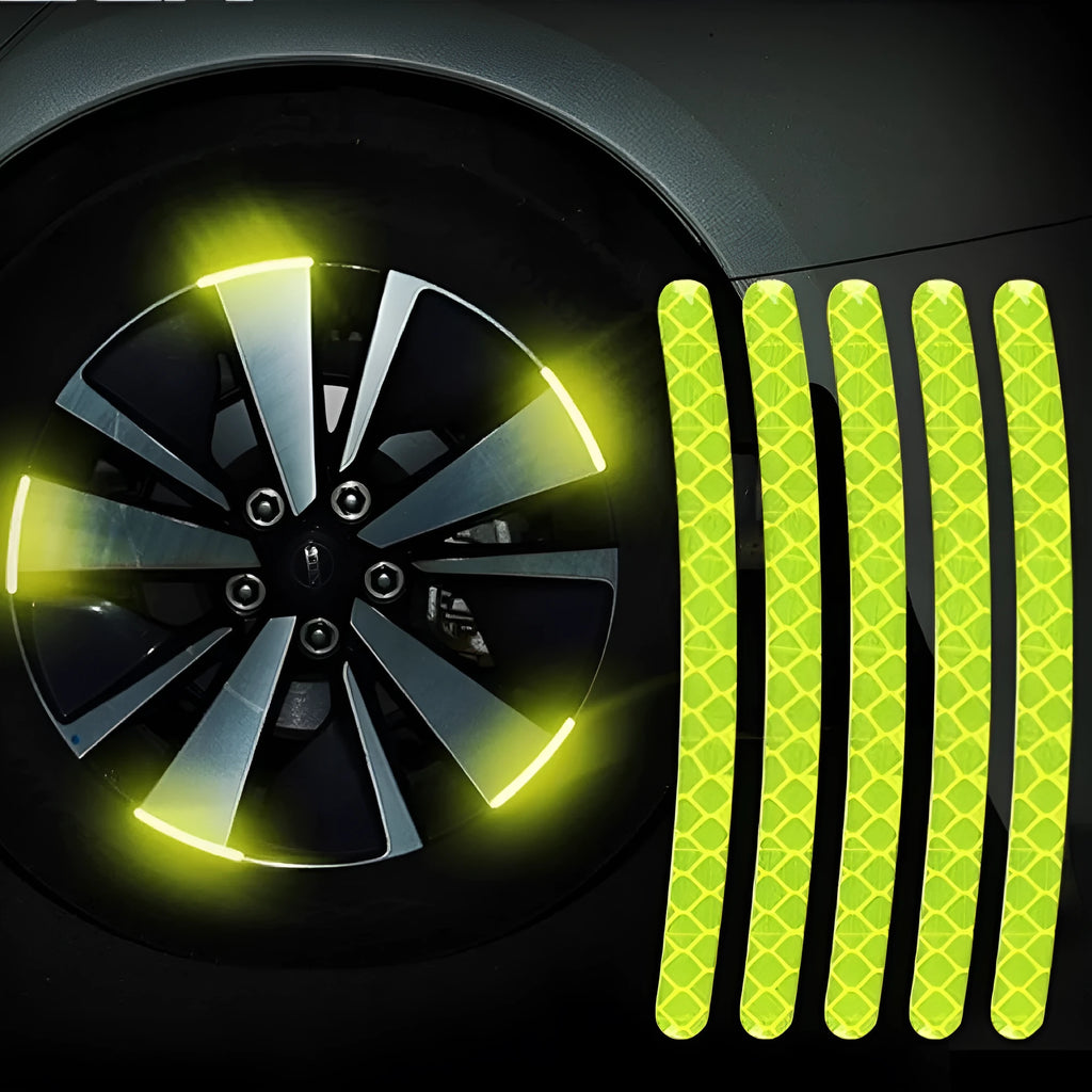 Pack of 20 arc-shaped reflective PVC stickers for car wheel hubs in multiple colour options