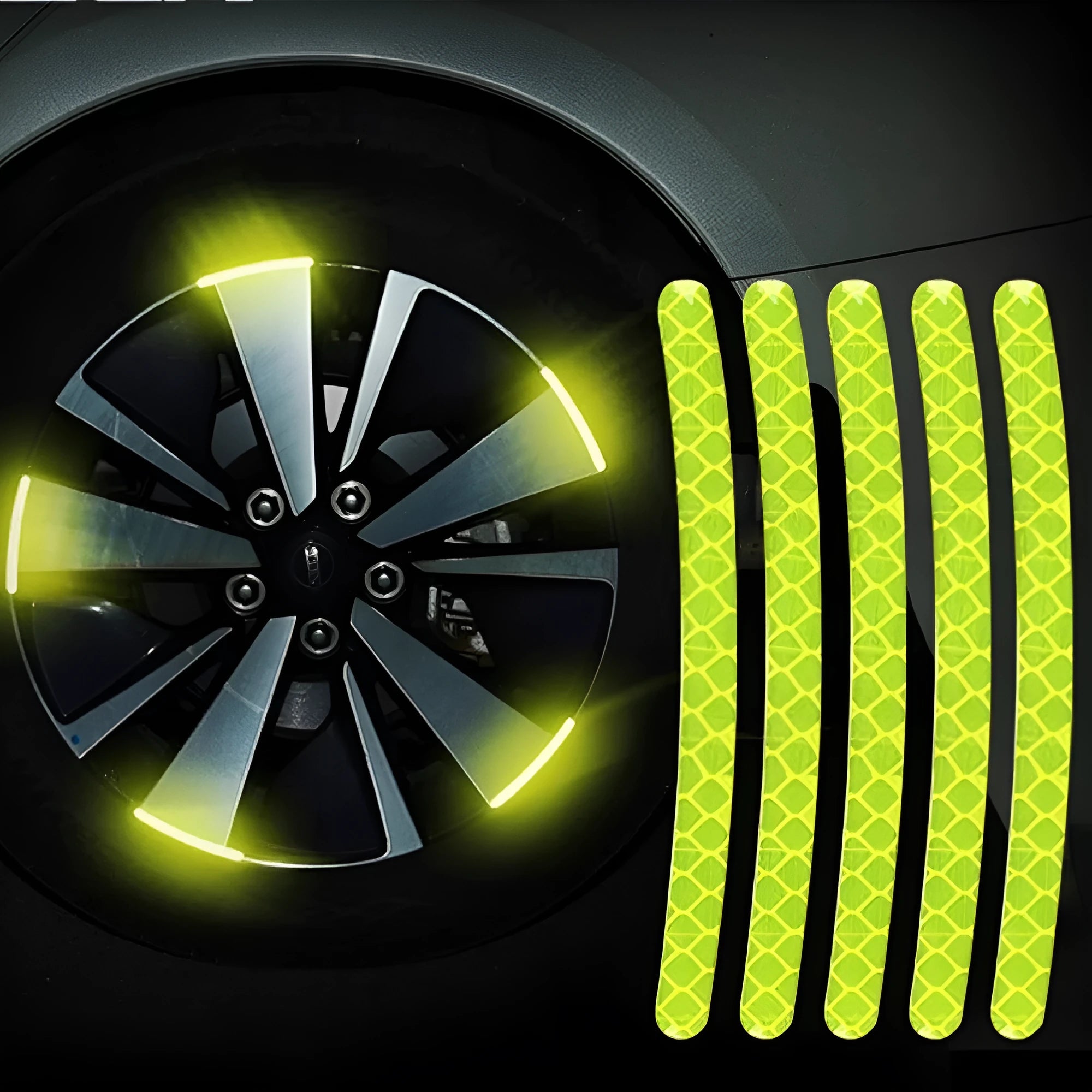 Pack of 20 arc-shaped reflective PVC stickers for car wheel hubs in multiple colour options