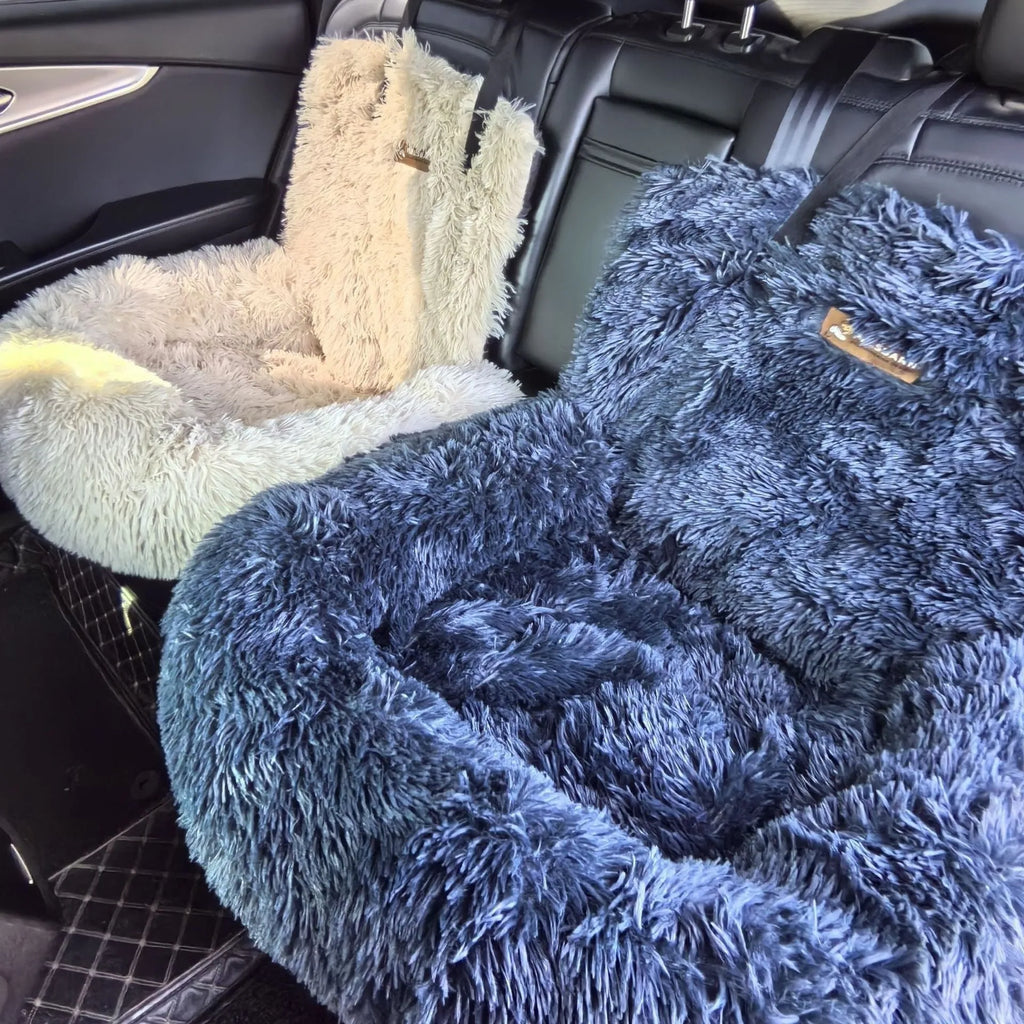 Vehicle-mounted thermal pet mat in dark grey or beige, showing thickened cloth construction