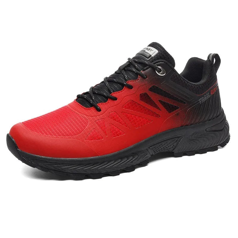 Men's black and grey breathable mesh running shoes with round toe and flat heel on a white background.