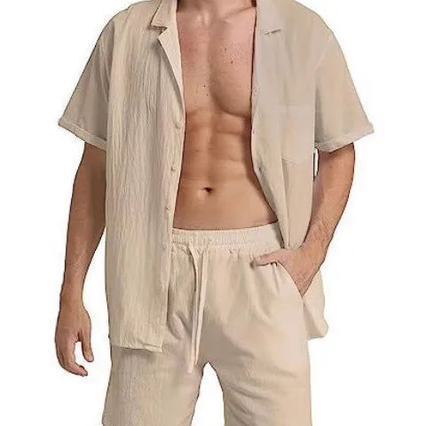 Men's flax linen short-sleeved top and matching shorts set in army green on a hanger.