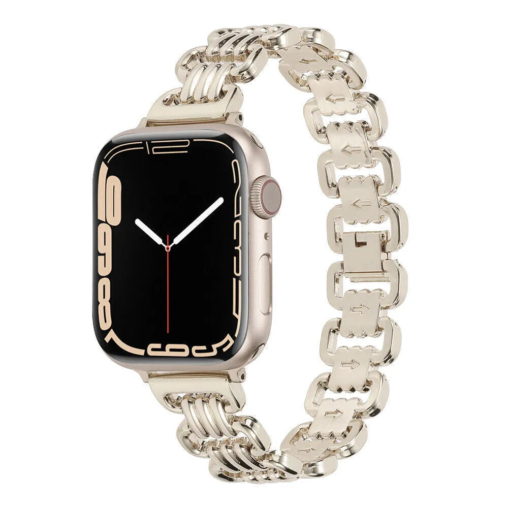 Alloy metal ladies watch bracelet for Apple Watch in silver, black, gold, rose gold, and Starlight colours