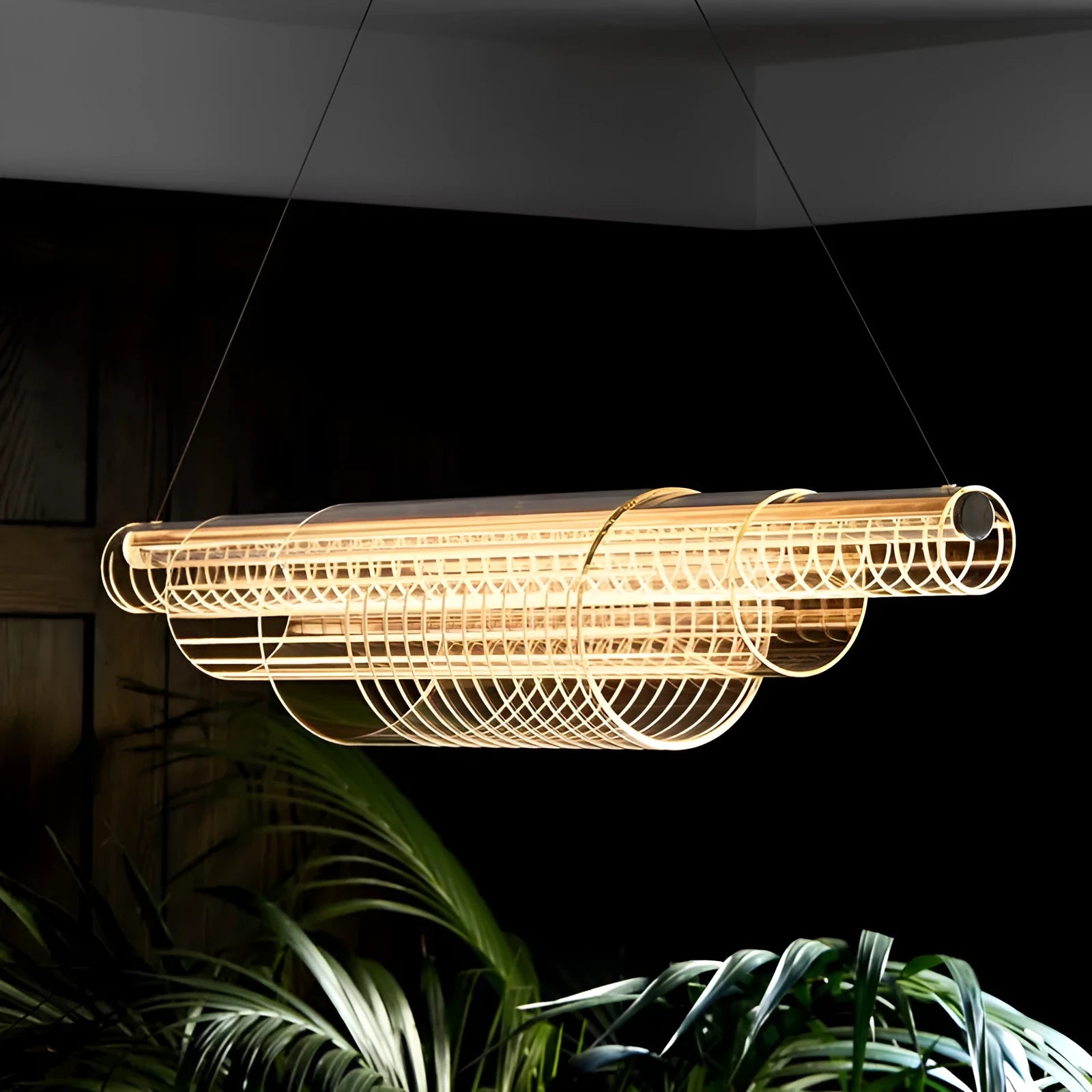 Modern minimalist pendant lamp with iron frame and glass shade in three available lengths