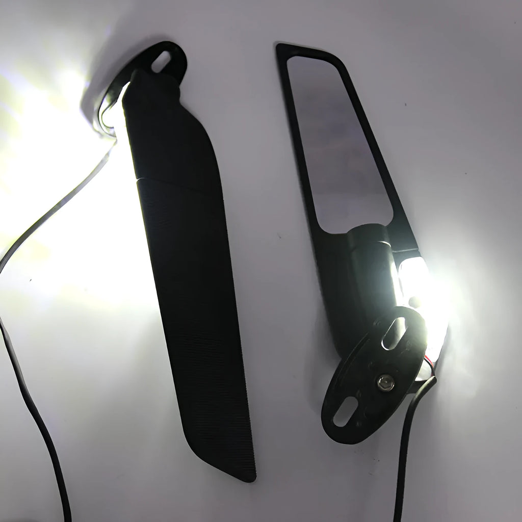 Pair of motorcycle rearview mirrors with yellow running lights and a convex lens, made from aluminium alloy.
