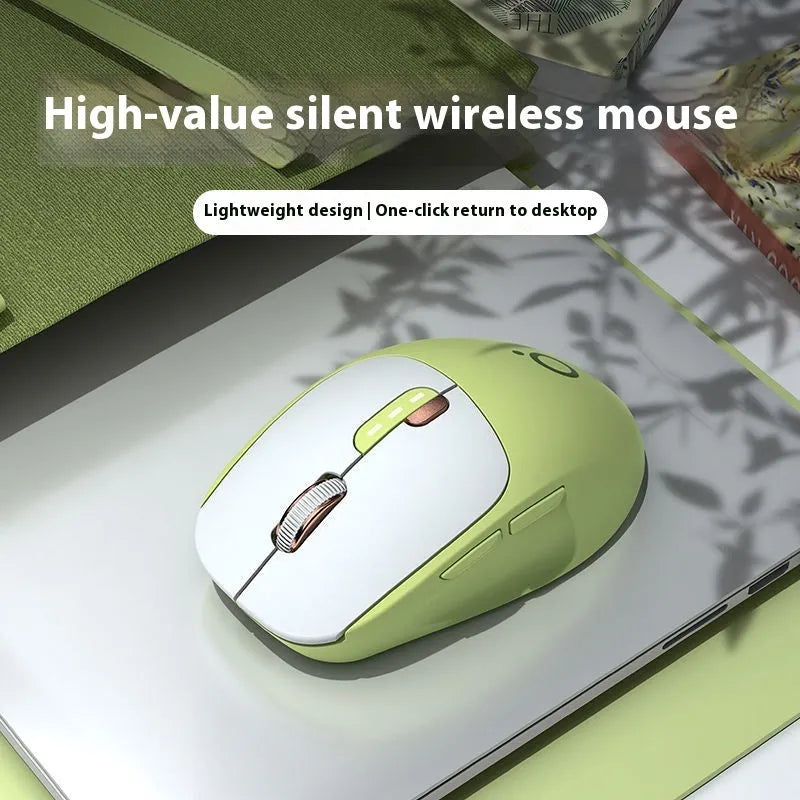 Mute wireless Bluetooth mouse in matcha green colour showing five-button design and compact ergonomic shape