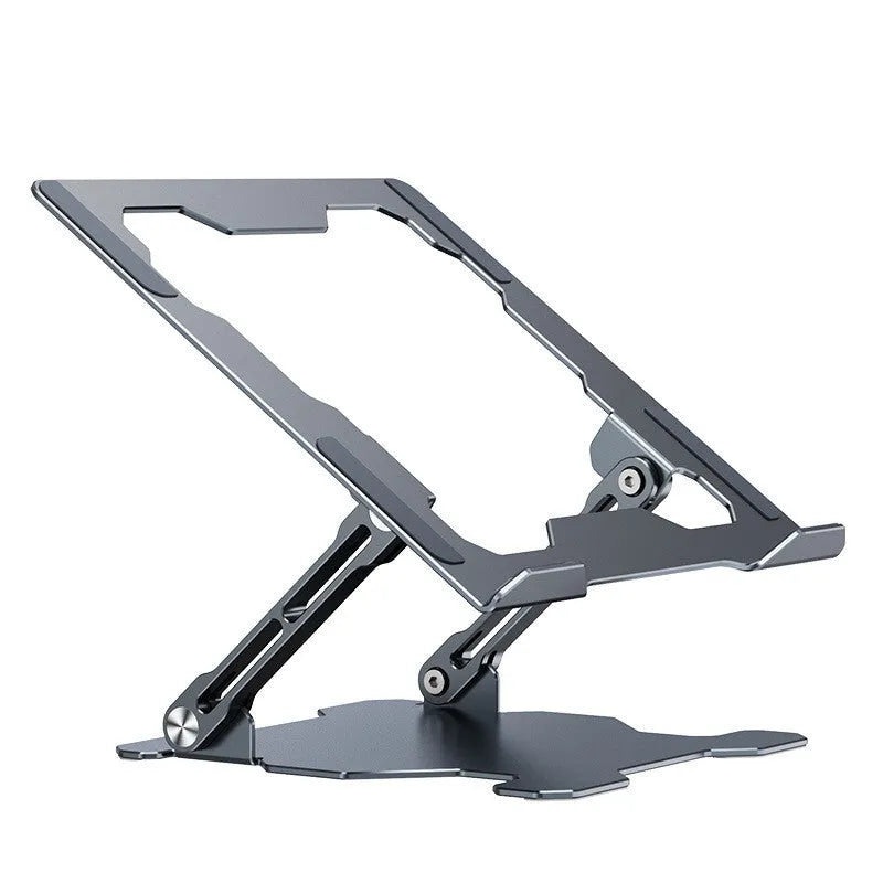 Adjustable aluminum laptop stand in grey colour showing folding design and hollow construction