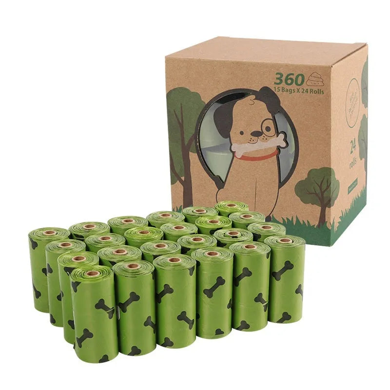 Military green degradable dog poop bags with black bone print, measuring 23 by 33 centimetres
