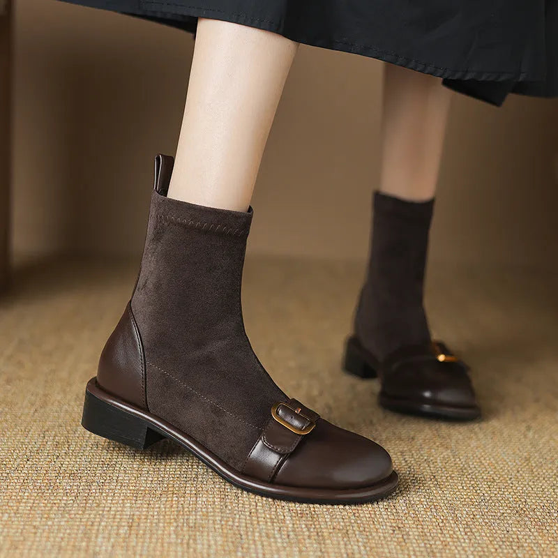 Women's black low heel Martin boots with round toe and front lace-up closure