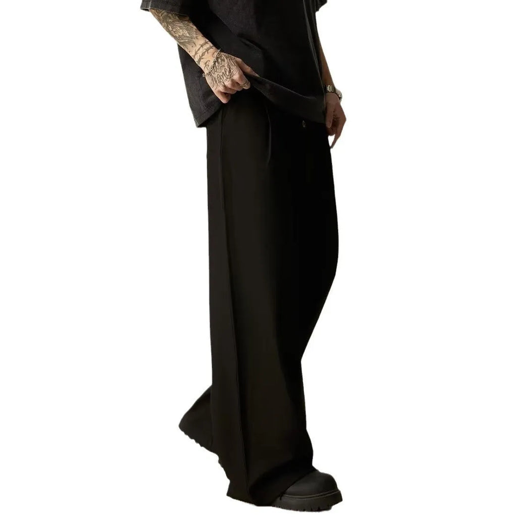 Men's solid colour vertical tube wide-leg casual trousers with elastic mid-waist